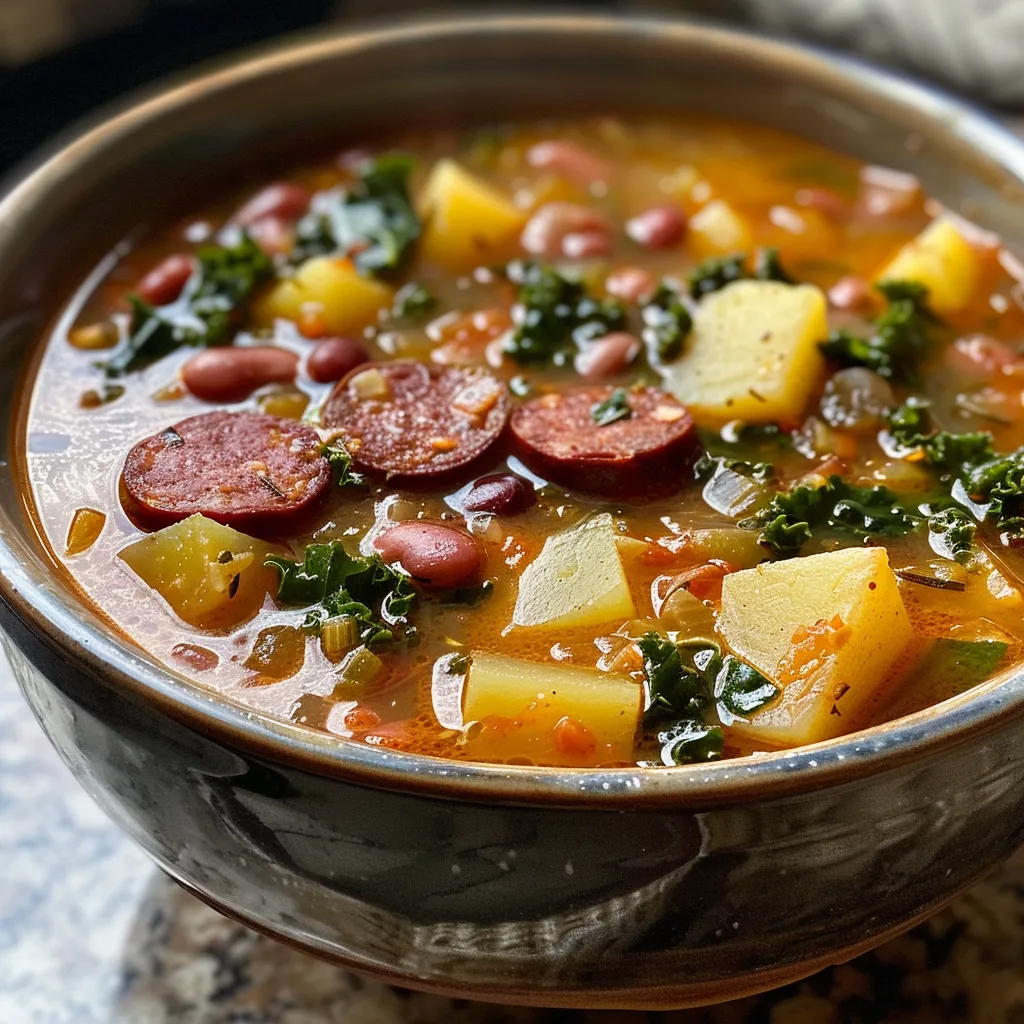 Sopa Portuguesa de Col Rizada en un plato, vista lateral.