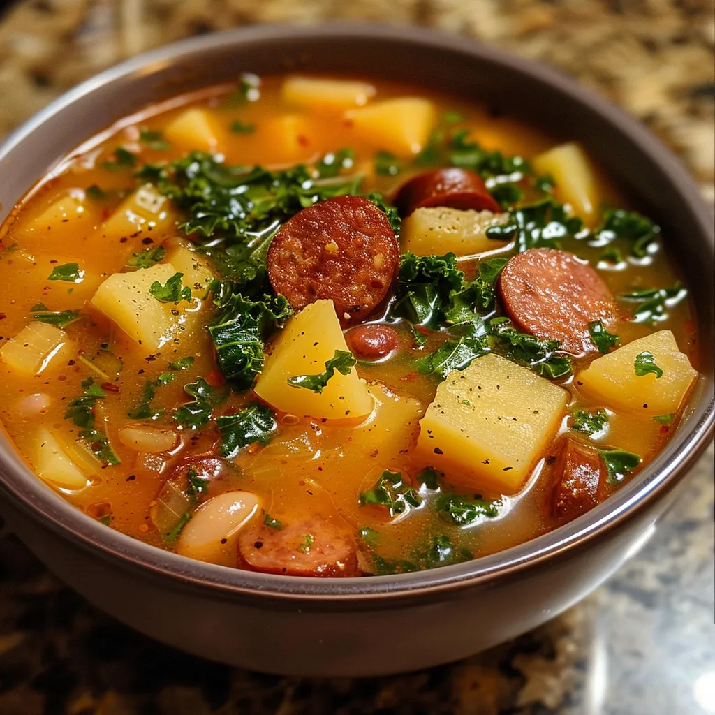 Close up de un tazón de Sopa Portuguesa de Col Rizada.
