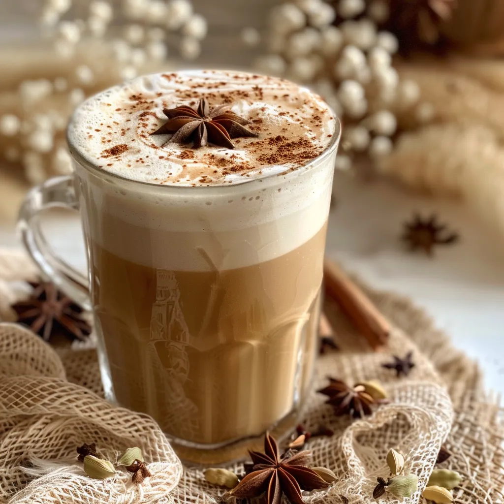 Chai Latte servido en un vaso, mostrando su textura cremosa y especias.