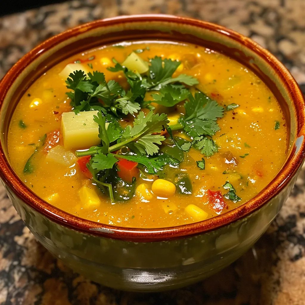 Sopa de poblano, maíz y papas en un tazón.