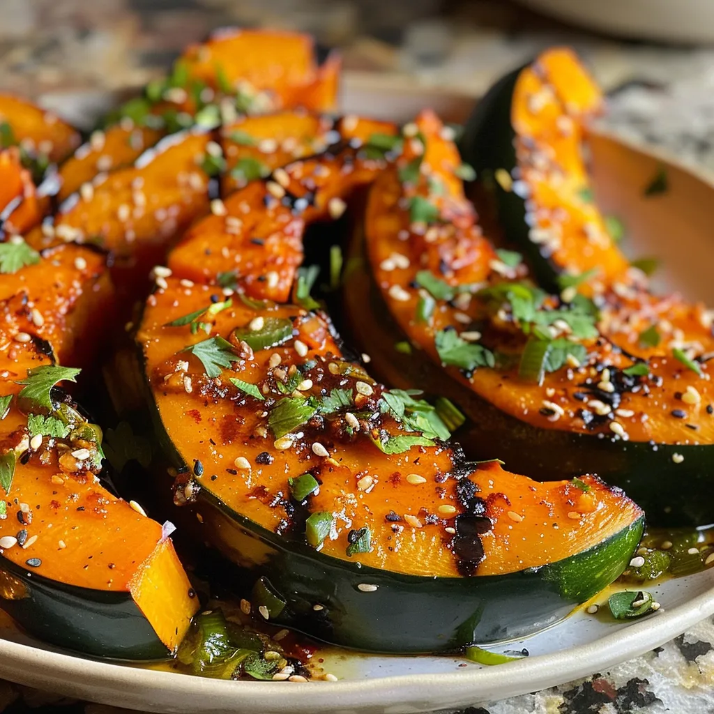 Vista lateral de calabaza kabocha asada en un plato.