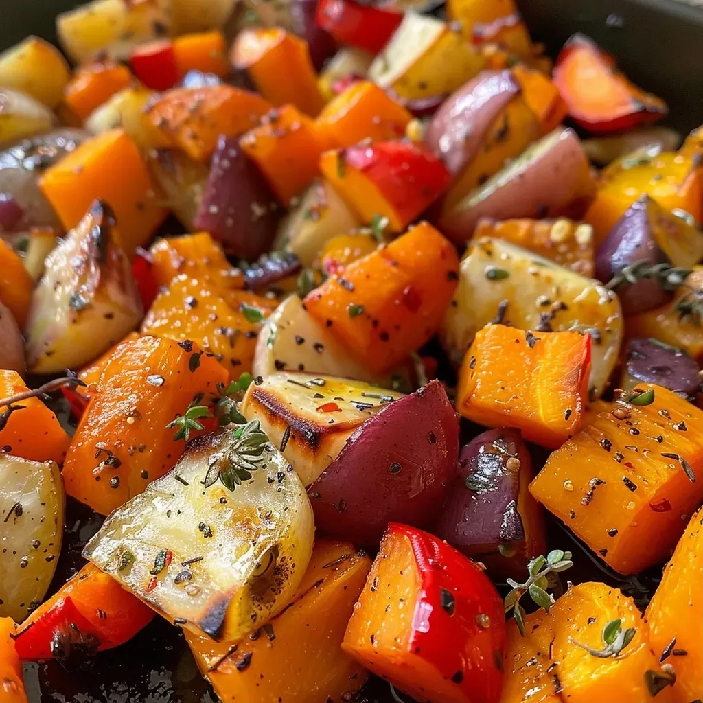 Verduras asadas de otoño con romero en una bandeja.
