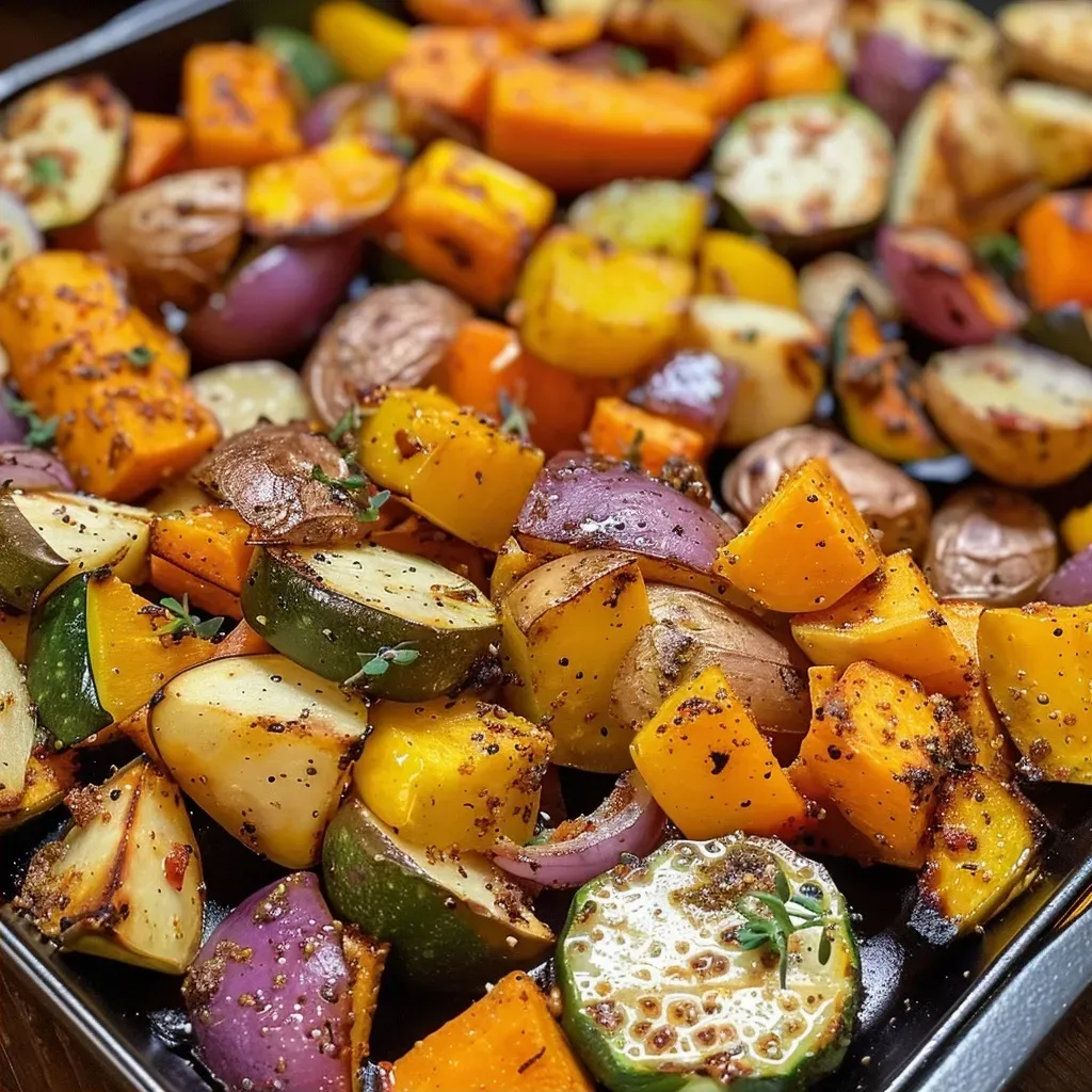 Primer plano de verduras asadas con chalotes y ajo.