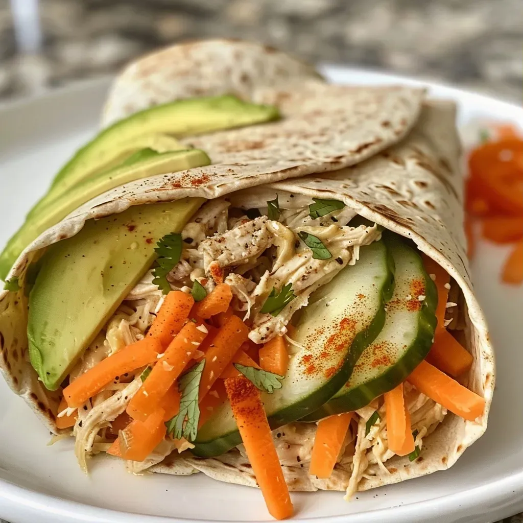 Wrap de pollo y verduras saludables sobre una mesa.
