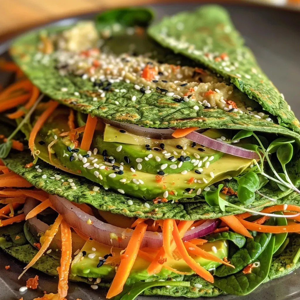 Wrapping de espinacas veganas con hummus y vegetales frescos.