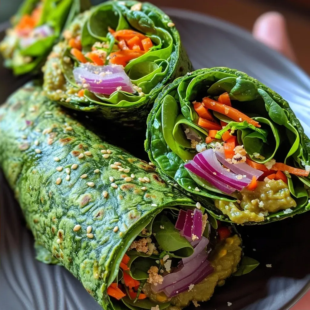 Vista lateral de wraps de espinacas rellenos de hummus y verduras.